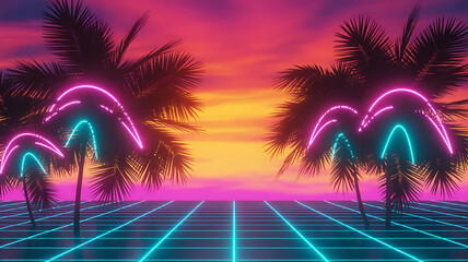 Retro neon palm trees at sunset synthwave style background for 80s themed design vibrant colors
