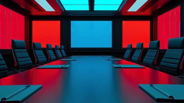 Futuristic boardroom neon light empty meeting room long table leather chair modern interior corporate space conference screen modern boardroom