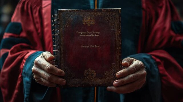 Scholar holding ancient book in ornate robe indoors