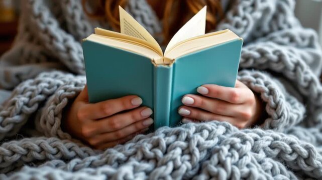 Cozy reading woman blanket book hands teal knit cover warm relaxing calm leisure comfort texture nails indoor cozy blanket book hands reading woman