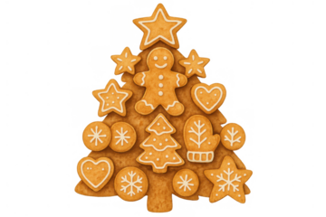 Gingerbread christmas tree structure with various decorated cookies, a gingerbread man, and star at the top, transparent background