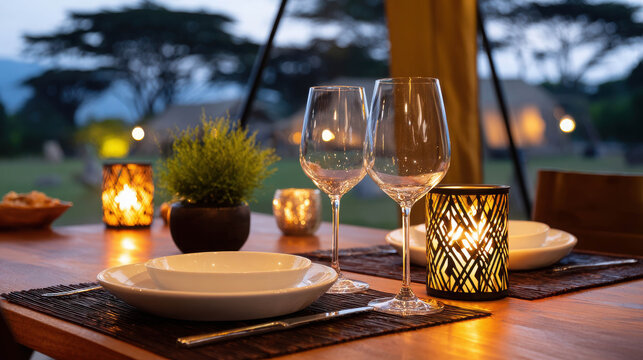 Elegant candlelight dining setup inside a safari canvas tent surrounded by nature at twilight, featuring beautiful tableware and warm ambiance