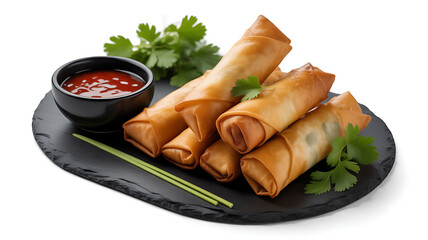 Crispy spring rolls with dipping sauce served on a black slate plate a delicious appetizer