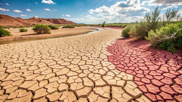 dry riverbed with cracked earth and sparse vegetation