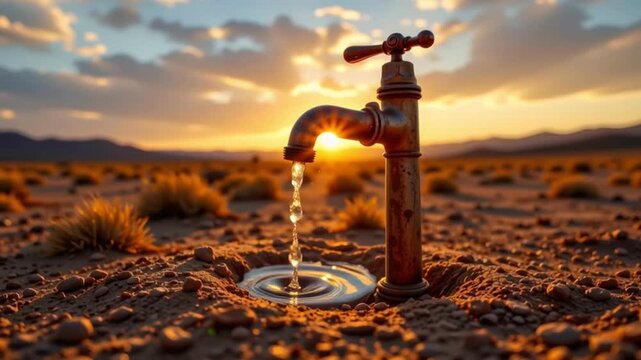 Vintage faucet rusty metal pouring water into desert landscape at sunset arid drought relief sunlight reflection warm light