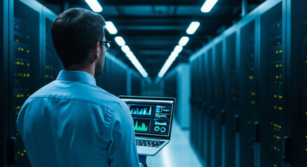 Server room engineer monitoring quantum computing processing performance graphs on laptop with data center rack aisle and blue lighting