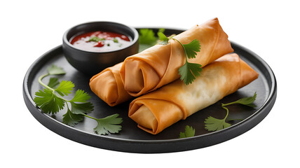 Crispy spring rolls with dipping sauce served on a black plate isolated on white background