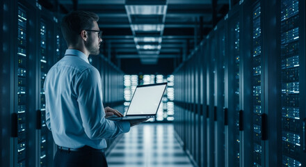 Man with laptop in data center monitoring quantum computing processing systems with focused expression and cool blue lighting