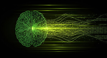 Green circuit brain neural network quantum computing processing data stream glowing matrix