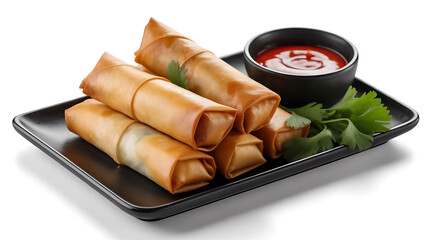 Crispy spring rolls on a black plate served with dipping sauce isolated on white