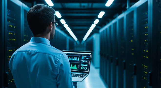 Server room engineer monitoring quantum computing processing performance graphs on laptop with data center rack aisle and blue lighting