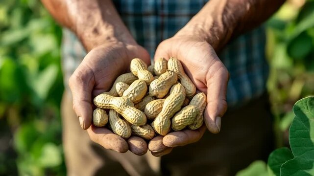 Close-up of hands showing peanut to the camera, healthy snack concept, nutrition 4K Video 