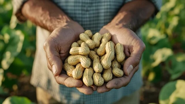 Close-up of hands showing peanut to the camera, healthy snack concept, nutrition 4K Video 