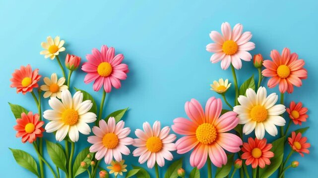 Pink daisy white daisy yellow center green leaf blue background spring bouquet colorful daisy flower bouquet vibrant pink daisy spring floral