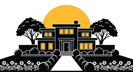 Modern house exterior design with garden trees and sunset vector art