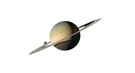 Ringed gas giant planet with moons against the blackness of space