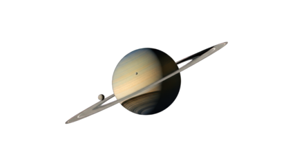 Ringed gas giant planet with moons against the blackness of space