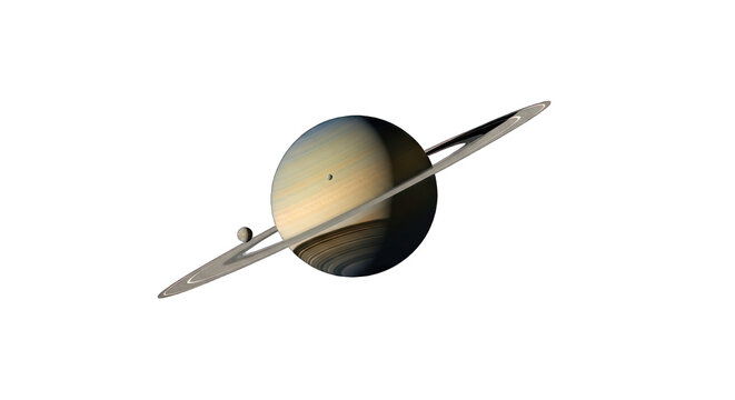 Ringed gas giant planet with moons against the blackness of space - Powered by Adobe