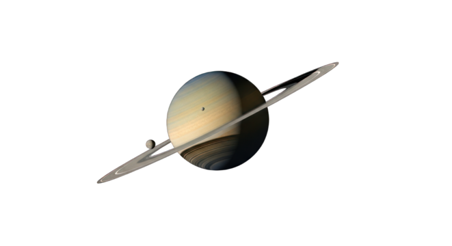 Ringed gas giant planet with moons against the blackness of space