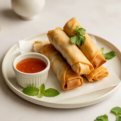 Crispy spring rolls with sweet chili sauce served on a white plate perfect for Asian cuisine promoti