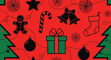 Christmas pattern background with tree gift bells and gingerbread man