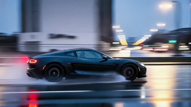 Black sports car speeds down wet city road at dusk, reflecting city lights and motion blur