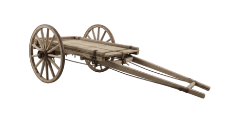 Simple wooden two-wheeled cart with a plank platform, angled view on black