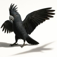 Obraz premium Great billed black cockatoo three quarter angle wings partially spread in a dynamic stance studio isolated