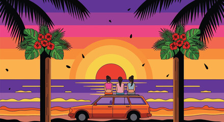 Beach sunset car trip illustration with palm trees and friends view
