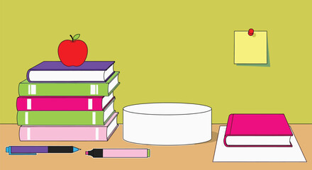 Back to school books and apple illustration study desk workspace art