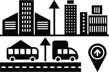 Fototapeta premium Urban transportation and city skyline icons with upward arrows Keywords: city, urban, skyline, buildings, skyscraper, bus, truck, road, highway