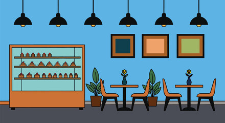Bakery cafe interior design with cakes and seating area illustration