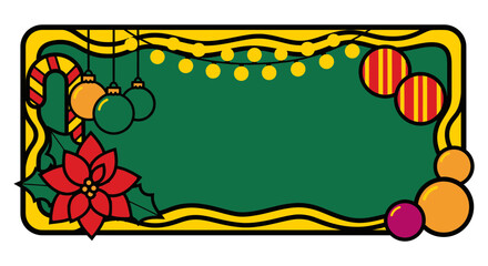 Christmas chalkboard frame with decorations and string lights