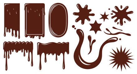 Chocolate drips and splashes vector graphic design elements set