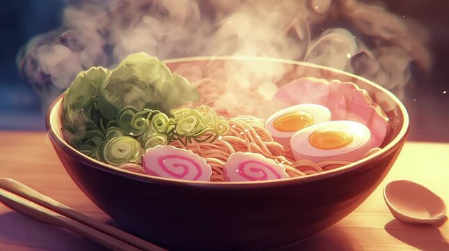 Animated Close Up of Steaming Anime Ramen Bowl with Rising Smoke and Warm Atmosphere