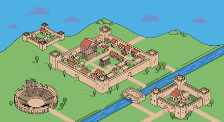 Isometric roman city illustration ancient architecture and buildings