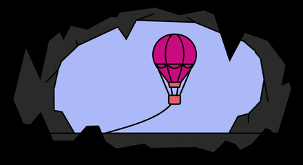 hot air balloon floats tethered against a soft pastel sky viewed from a cave opening.