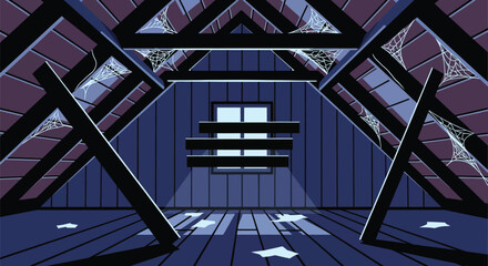 Spooky attic illustration with spiderwebs and boarded up window dark