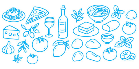 Hand drawn italian food set. Mediterranean lunch and dinner icons in doodle sketch. Lemons, pasta, tomato, pizza, cheese, wine. Italian summer vacation. Dolce vita aesthetics. Vector illustration.