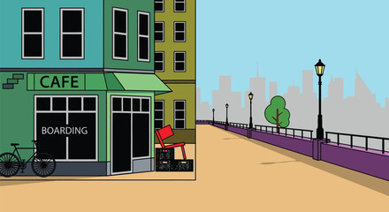 Cityscape cartoon illustration with cafe boarding and boardwalk view