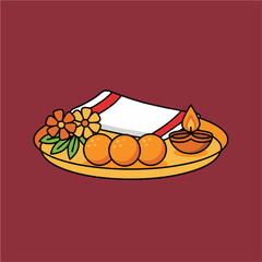 Prasad plate with ladoos, diya lamp, flowers, cloth, subtle holy aura