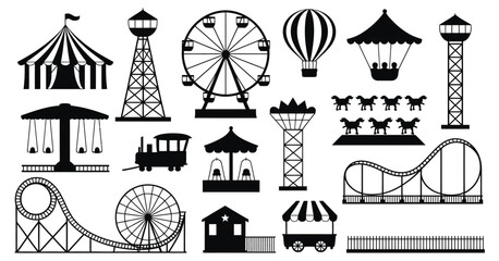Amusement Park Silhouette Icons Set of Carnival Rides — Ideal for Event Posters, Fairground Maps, Children’s Party Invitations, Theme Park Branding, Travel Brochures, and Entertainment Websites
