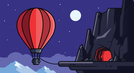 Cartoon hot air balloon flying over mountains at night illustration