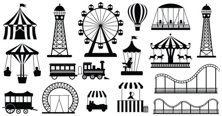 Amusement Park Silhouette Icons Set of Carnival Rides — Ideal for Event Posters, Fairground Maps, Children’s Party Invitations, Theme Park Branding, Travel Brochures, and Entertainment Websites