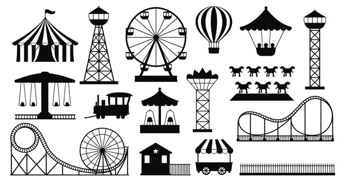 Amusement Park Silhouette Icons Set of Carnival Rides &mdash; Ideal for Event Posters, Fairground Maps, Children&rsquo;s Party Invitations, Theme Park Branding, Travel Brochures, and Entertainment Websites