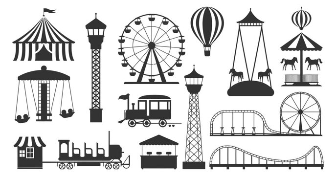 Amusement Park Silhouette Icons Set of Carnival Rides &mdash; Ideal for Event Posters, Fairground Maps, Children&rsquo;s Party Invitations, Theme Park Branding, Travel Brochures, and Entertainment Websites