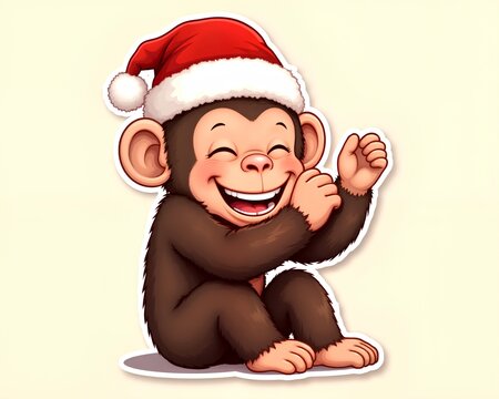 Funny cartoon monkey or chimp laughing and clapping in a Santa hat.