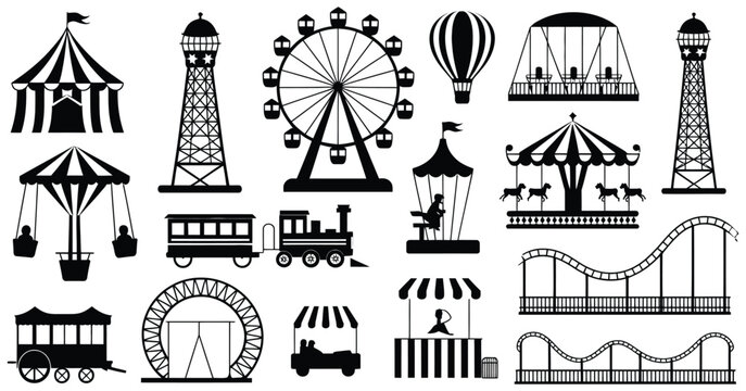 Amusement Park Silhouette Icons Set of Carnival Rides &mdash; Ideal for Event Posters, Fairground Maps, Children&rsquo;s Party Invitations, Theme Park Branding, Travel Brochures, and Entertainment Websites