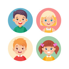 Peeking children round portrait set with cute girls and boys smiling gesturing greeting sign
