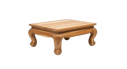 Wooden coffee table with ornate, curving legs on a black background